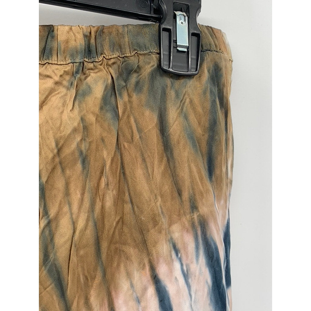 YOUNG FABULOUS & BROKE Women's Blue-Tan Tie-Dye Asymmetrical Midi Skirt SZ M