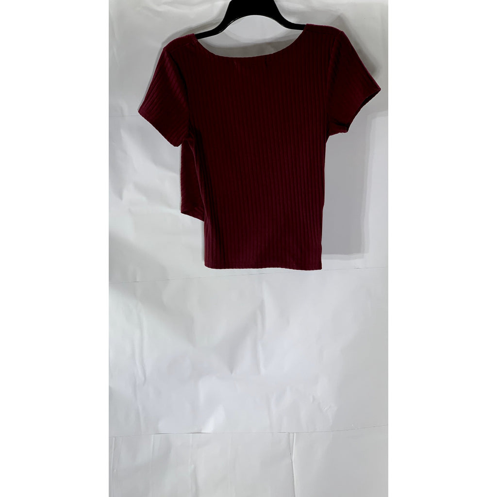 VANILLA STAR Women's Burgundy Ribbed Short Sleeve Wrap Top SZ M