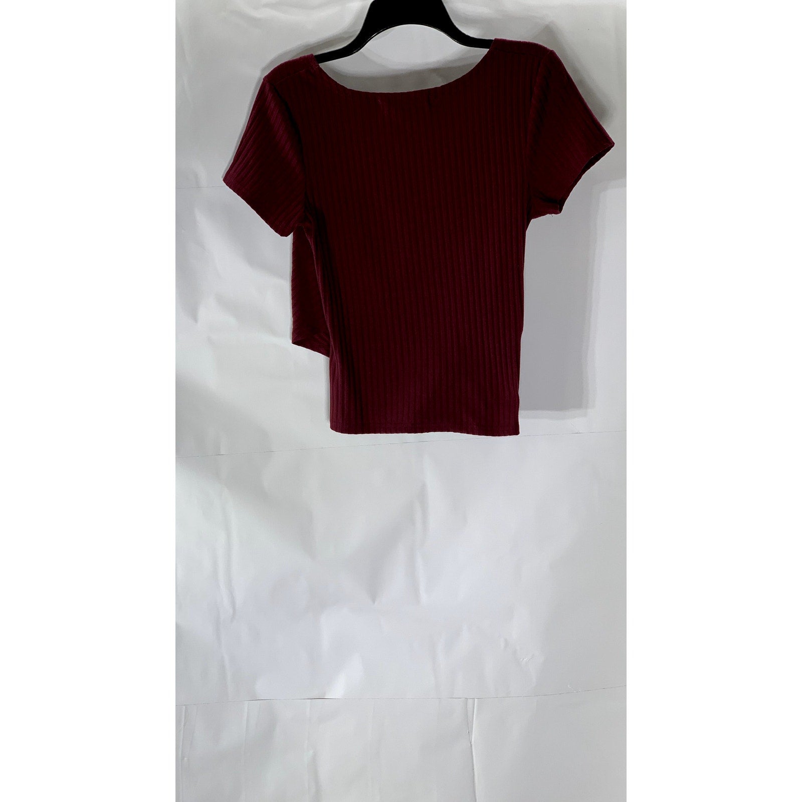 VANILLA STAR Women's Burgundy Ribbed Short Sleeve Wrap Top SZ M
