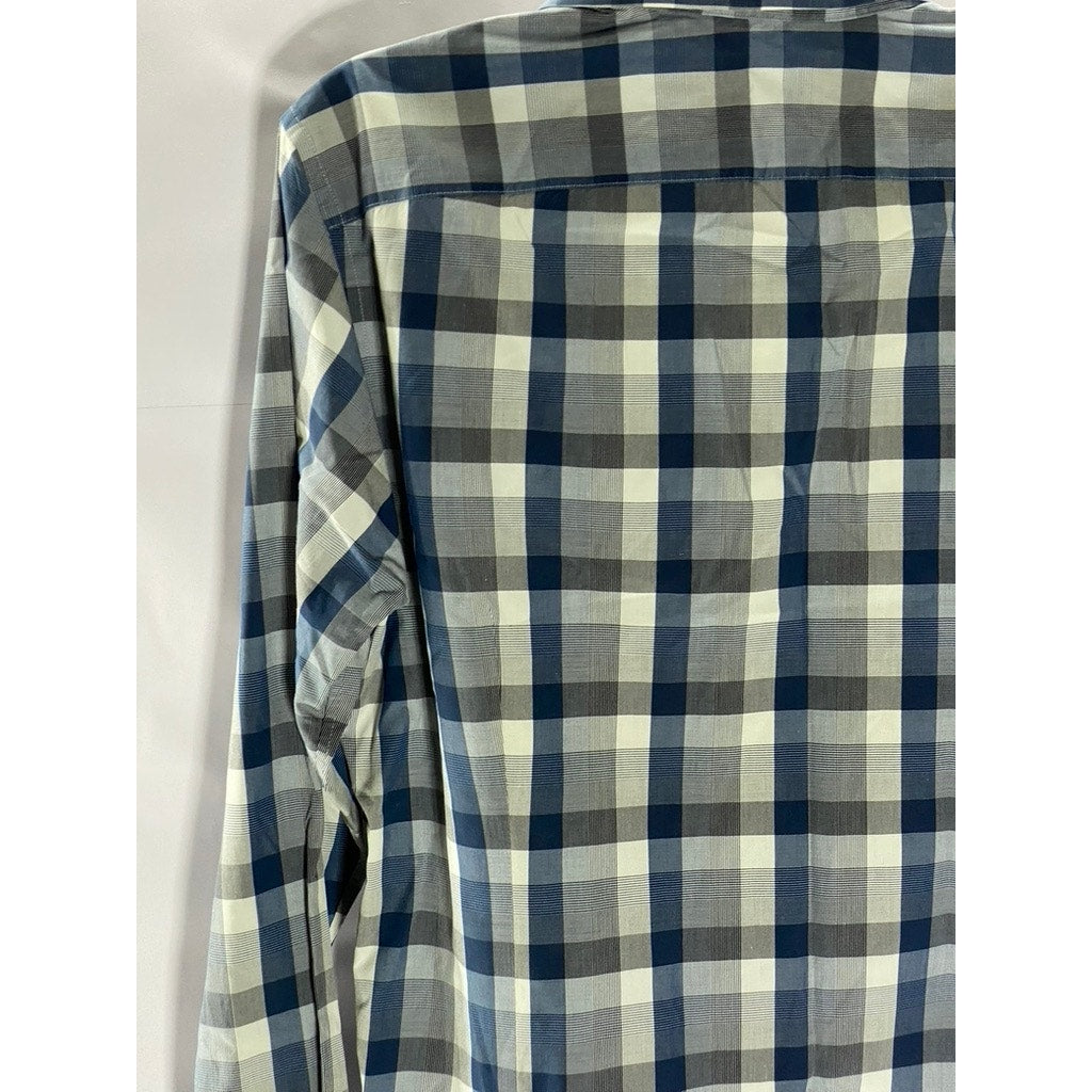 BANANA REPUBLIC Men's Blue-Gray Plaid Grant-Fit Supima Button-Up Shirt SZ M