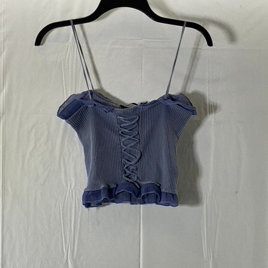 SHEIN Women's Blue Ruffle-Trim Lace-Up Front Ribbed Tank Top SZ S