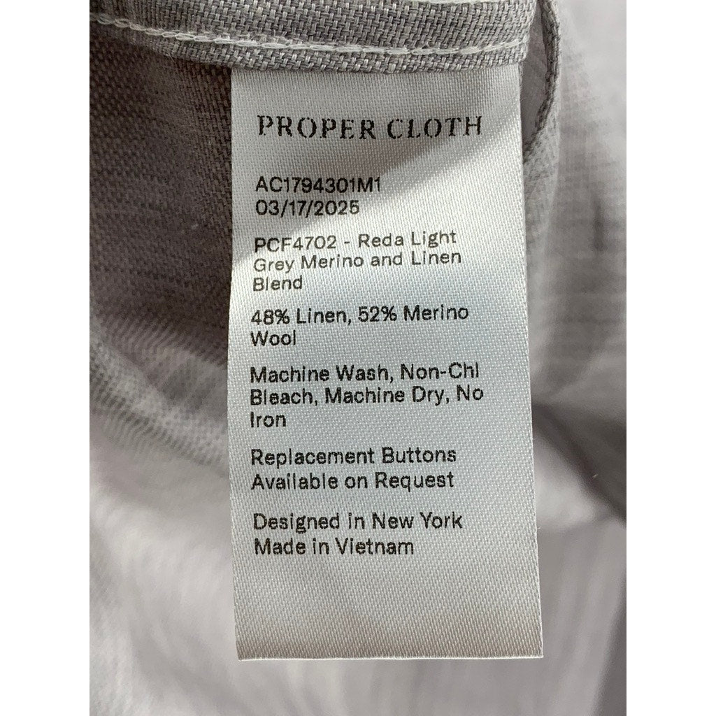 PROPER CLOTH Men's Reda Light Gray Merino-Linen Button-Up Long Sleeve Shirt SZ M