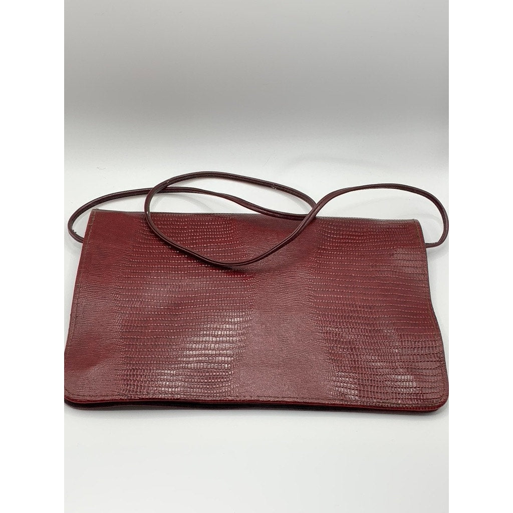 Women's Vintage Burgundy Snakeskin Flap Snap Button Cross Body Clutch Bag