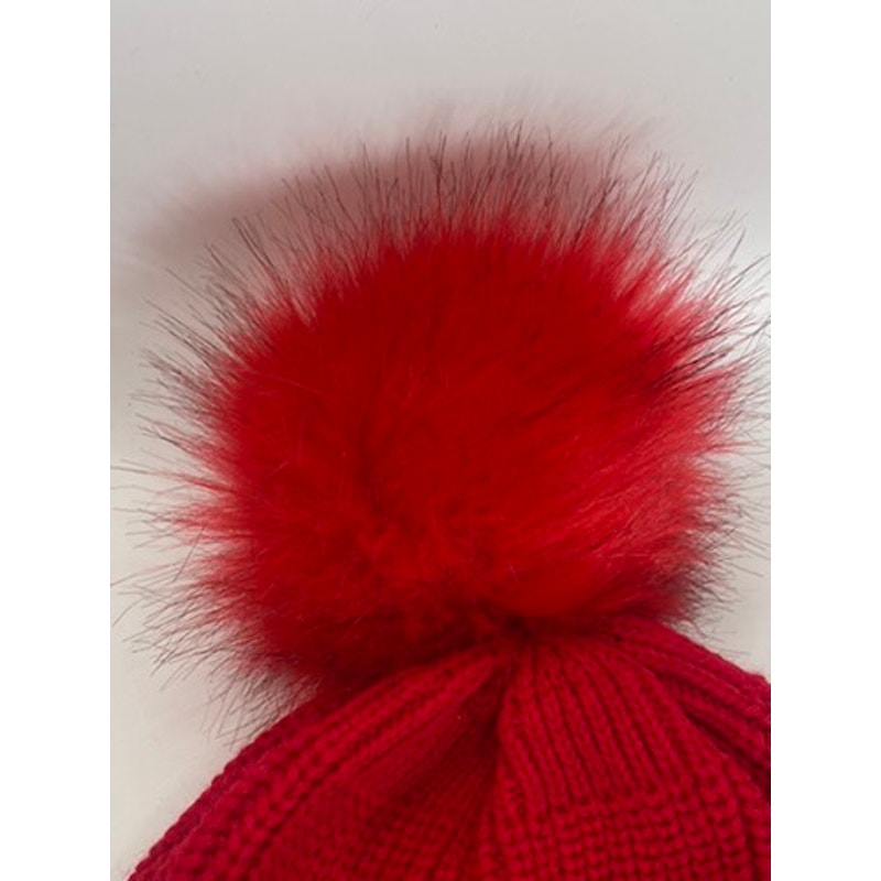 NYC Women's Red Ribbed Rhinestone Embellished Pom-Pom Faux Fur Lined Beanie SZOS