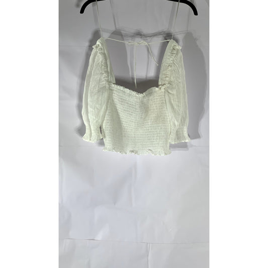 H&M Women's White Smocked Conscious Choice Puff-Sleeve Crop Top SZ S