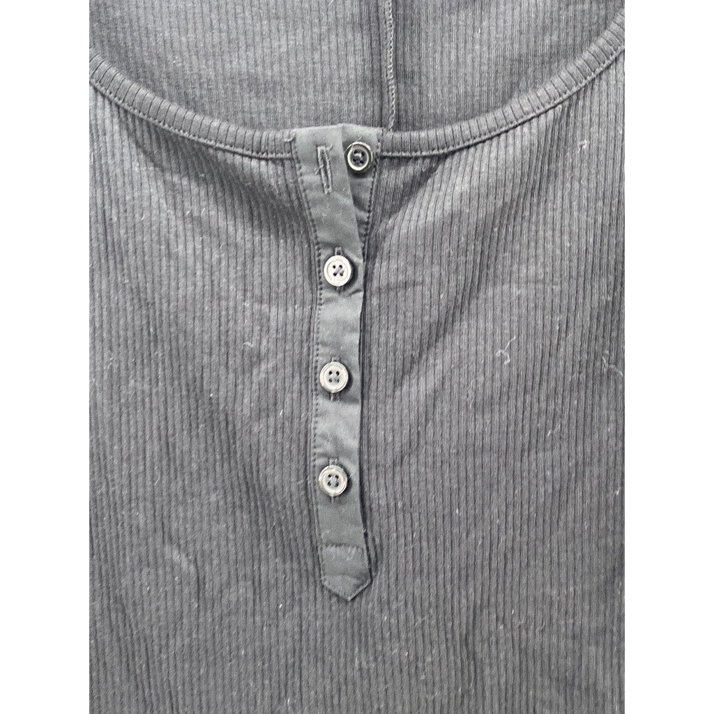 J.CREW Women's Vintage Black Ribbed Elbow Sleeve Henley Top SZ L