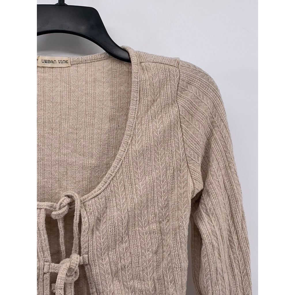 URBAN VINE Women's Beige Open Front Tie Long Sleeve Crop Top SZ L
