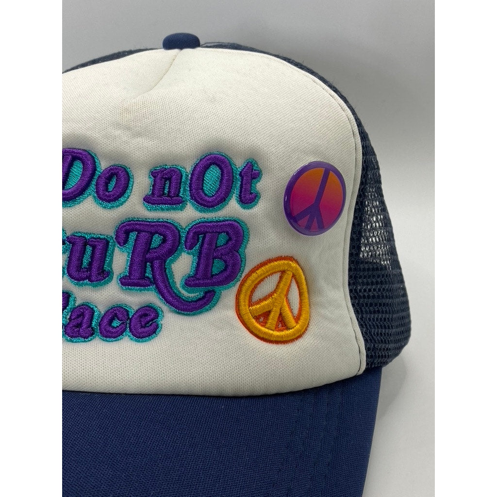 UNISEX Navy/White Embroidered "Do Not Disturb My Peace" Mesh Trucker Hat OS