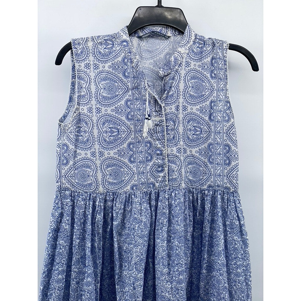 GENERATION Women's Blue-White Printed Sleeveless A-Line Midi Dress SZ 8