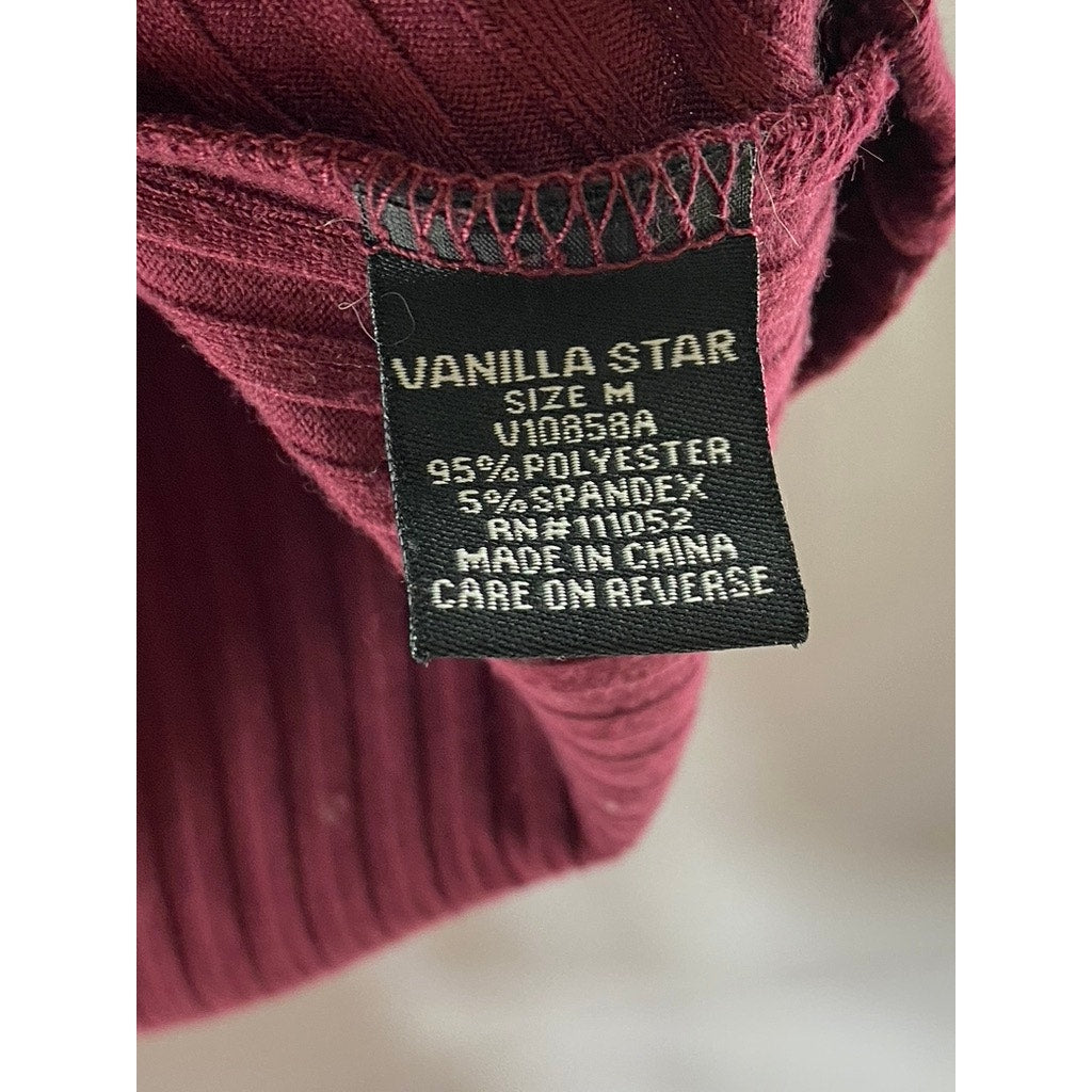 VANILLA STAR Women's Burgundy Ribbed Short Sleeve Wrap Top SZ M