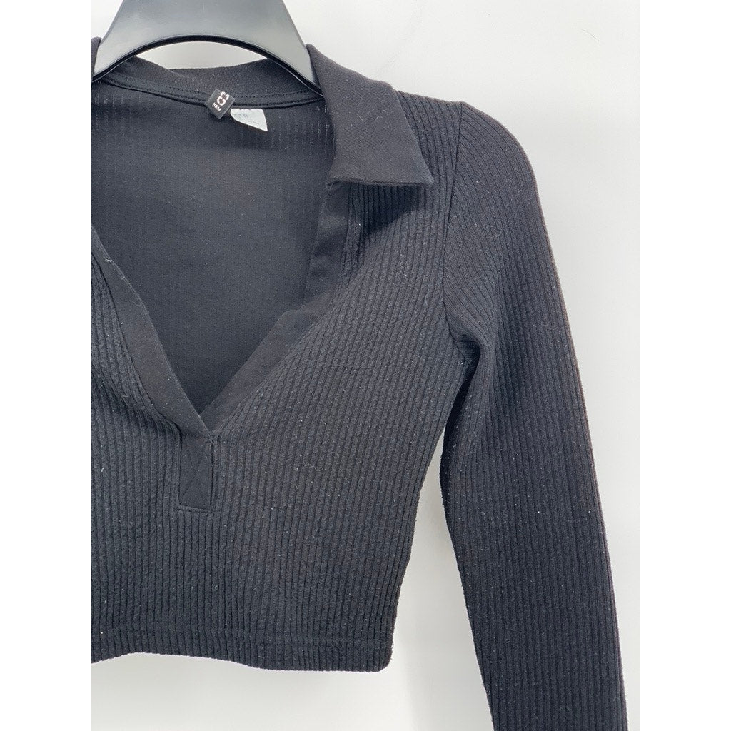 DIVIDED By H&M Women's Black Ribbed Split-Neck Long Sleeve Cropped Polo Top SZXS
