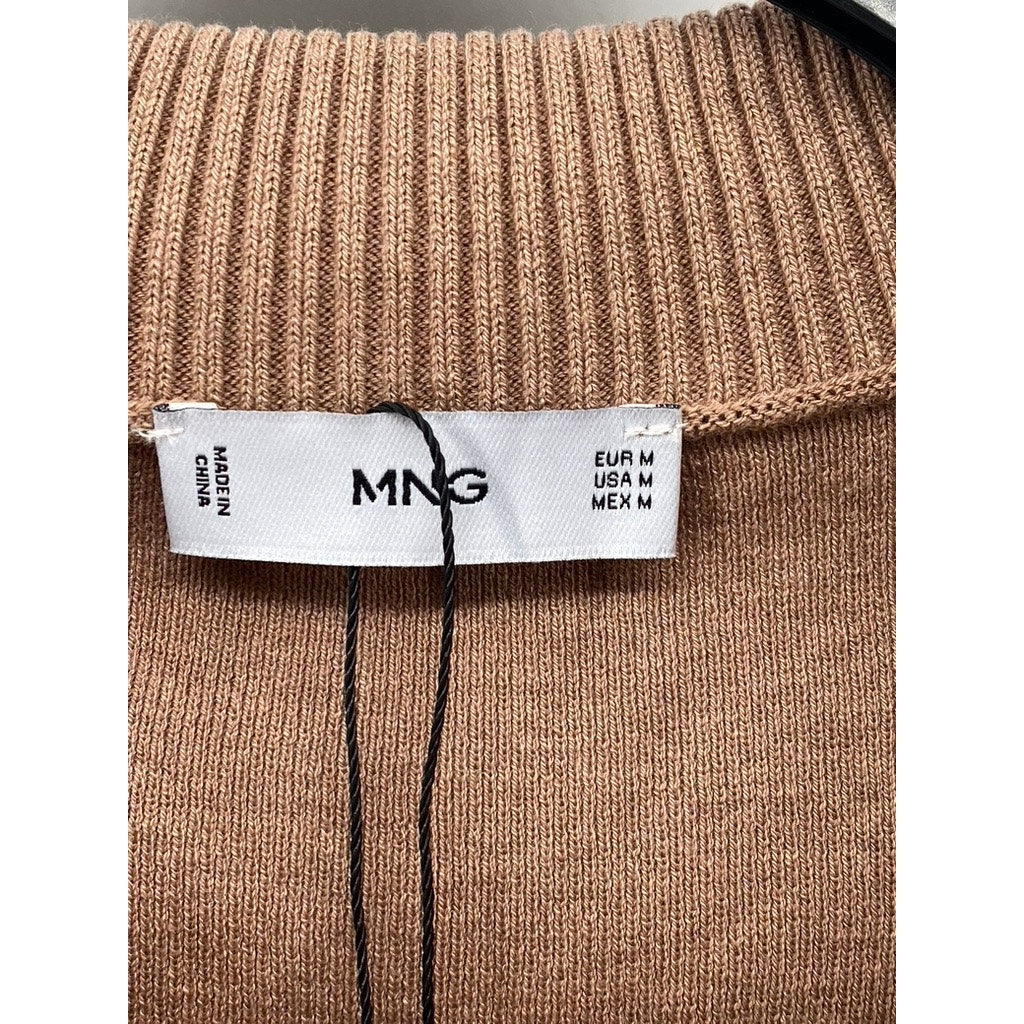 MNG Men's Tan Regular-Fit Rib-Knit Short Sleeve Polo Shirt SZ M