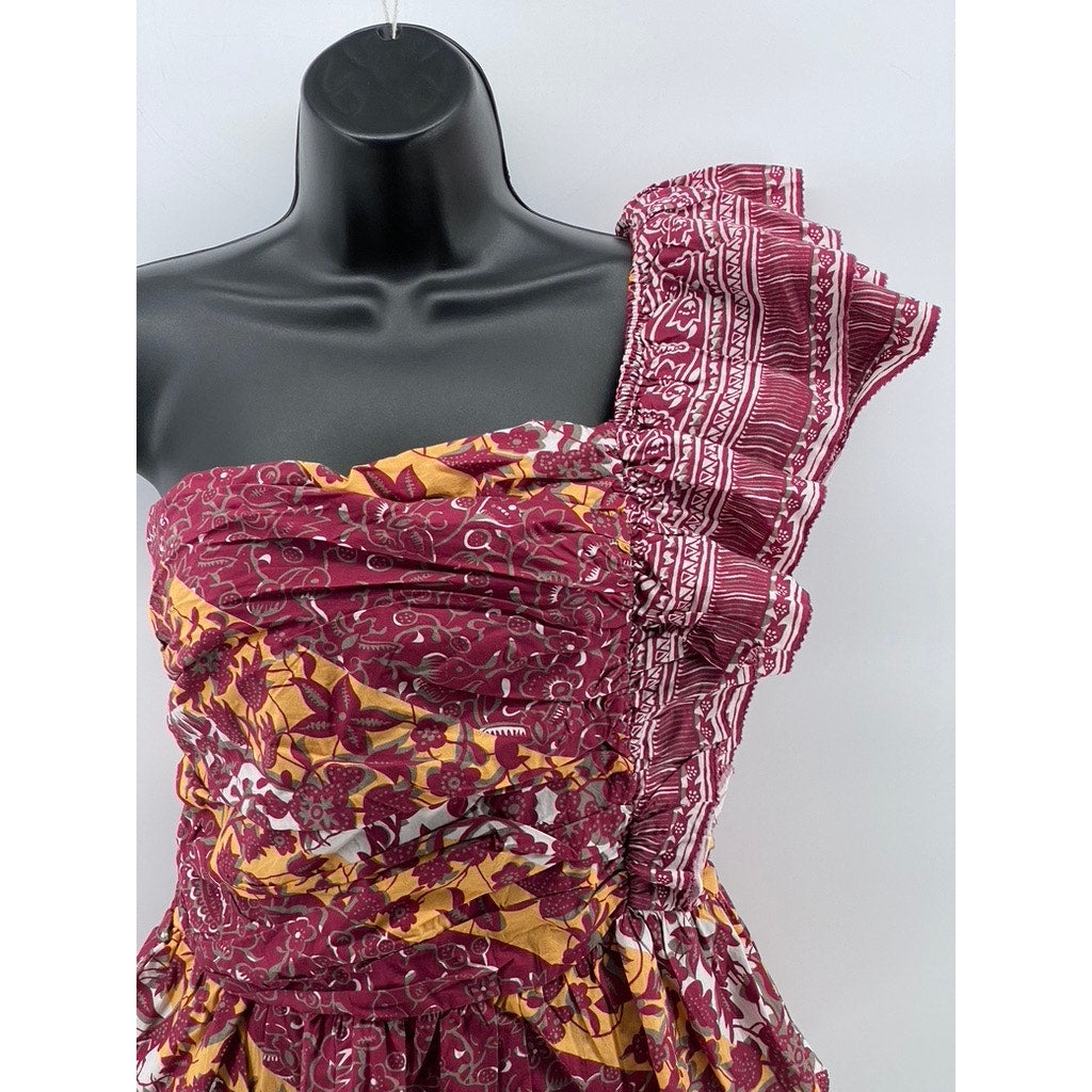 LOVE THE LABEL Women's Red Printed Ruffle One-Shoulder Smocked Top SZ M