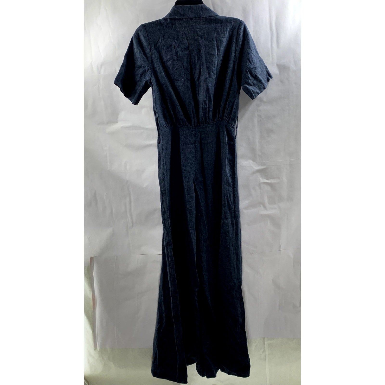 STAUD Women's Navy Linen-Blend Half-Button Wide-Leg Short Sleeve Jumpsuit SZ 2