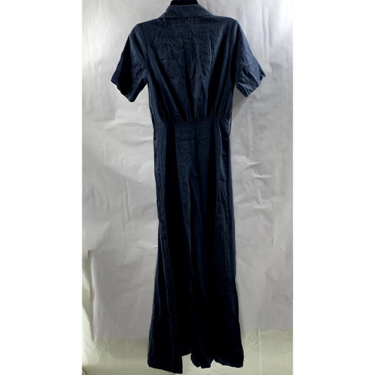 STAUD Women's Navy Linen-Blend Half-Button Wide-Leg Short Sleeve Jumpsuit SZ 2
