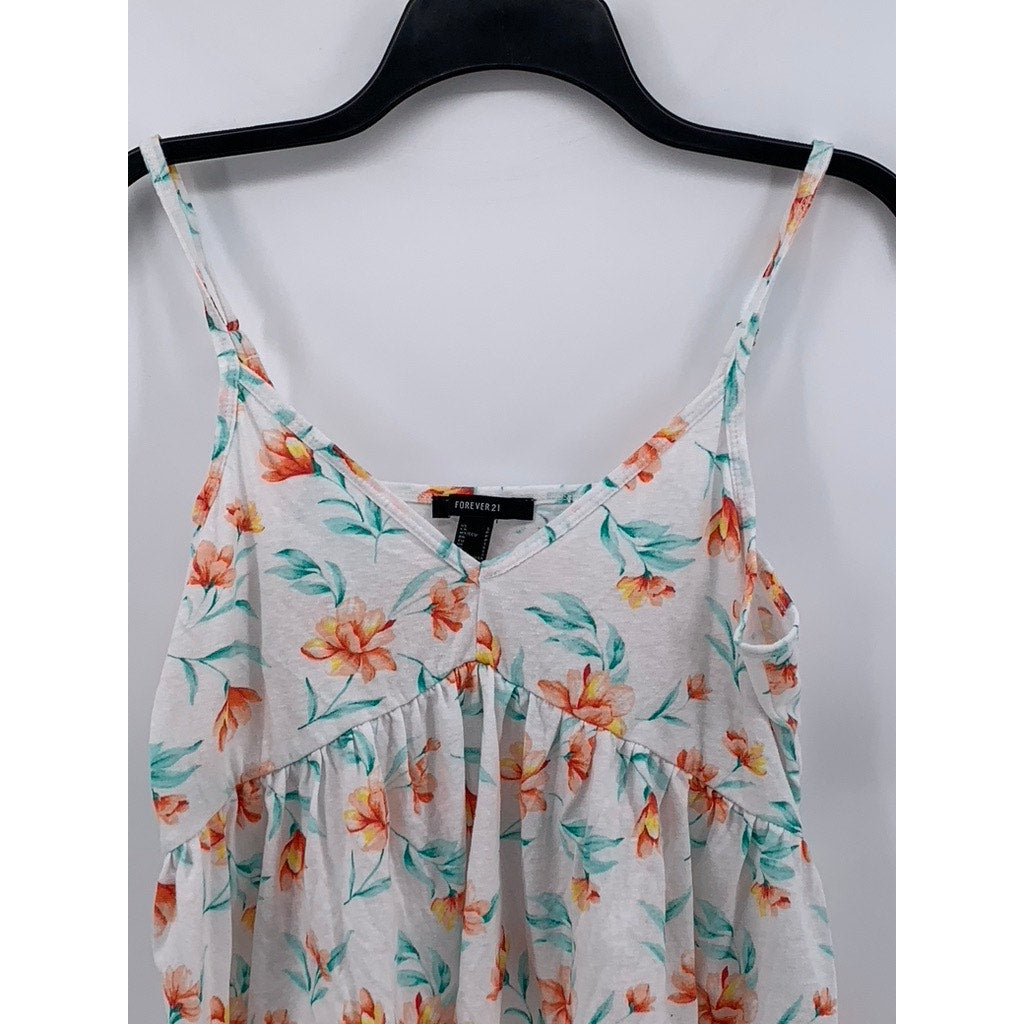 FOREVER 21 Women's White Floral V-Neck Ruffle Tank Top SZ S