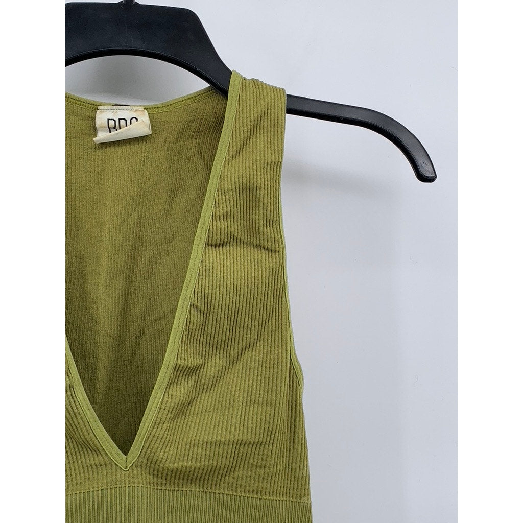 BDG Women's Olive Green Ribbed Seamless Plunging V-Neck Cropped Tank Top SZ S