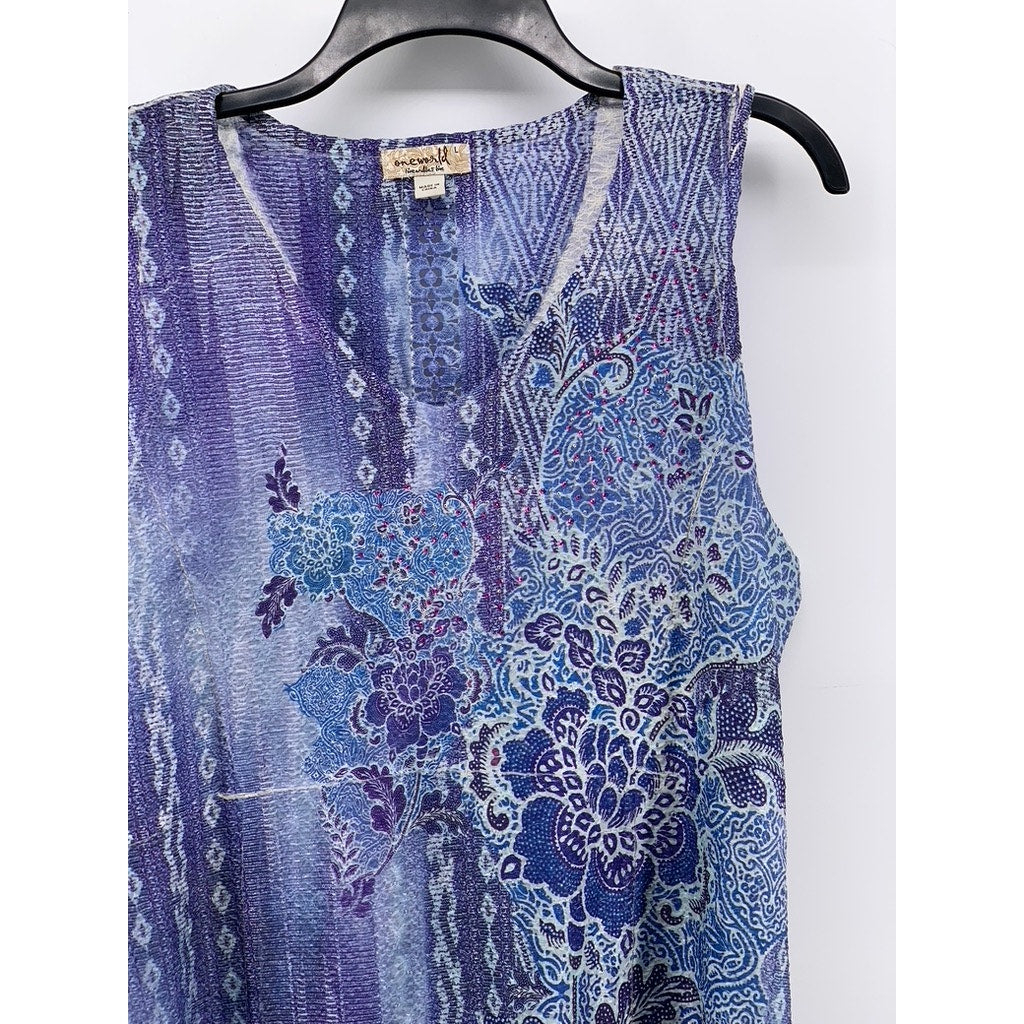 ONEWORLD Women's Blue-Purple Ombre Textured Floral Sleeveless Midi Dress SZ L