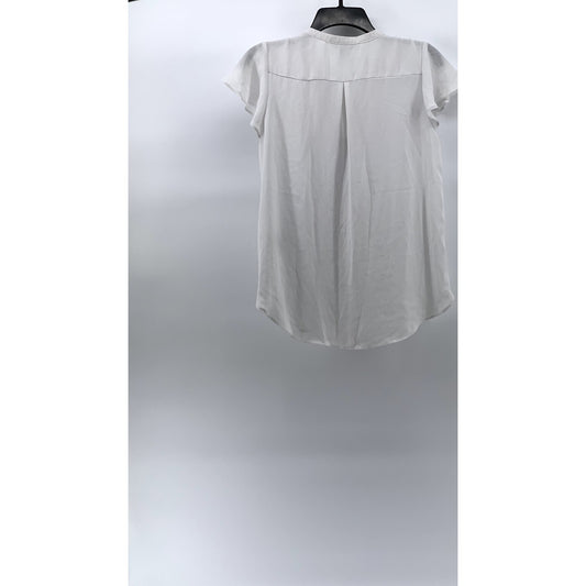 H&M Women's White Pleated Button-Up Short Flutter Sleeve Semi Sheer Top SZ 4