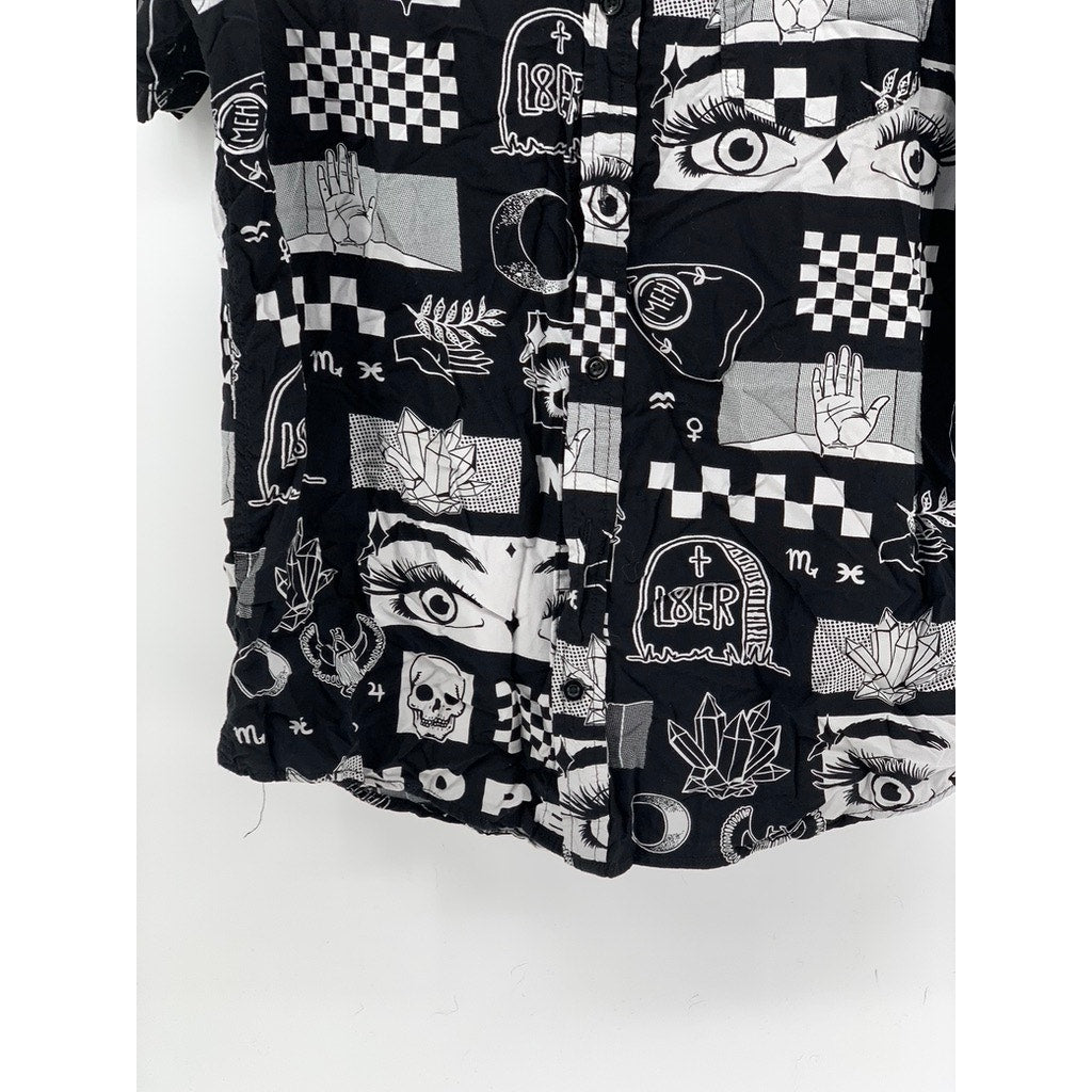 HOT TOPIC Men's Black-White Printed Nova Woven Button-Up Shirt SZ L