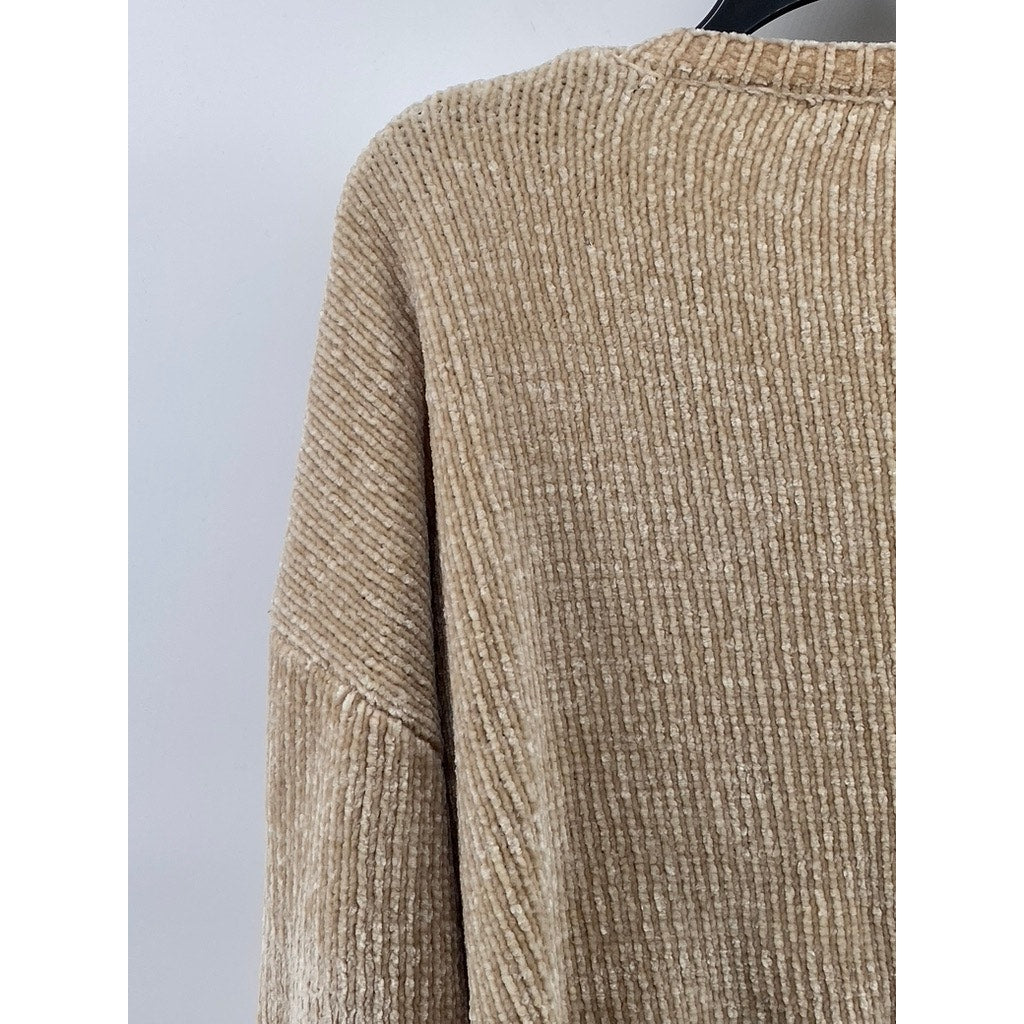 AQUA Women's Tan Ribbed Crewneck Soft Knit Pullover Sweater SZ M