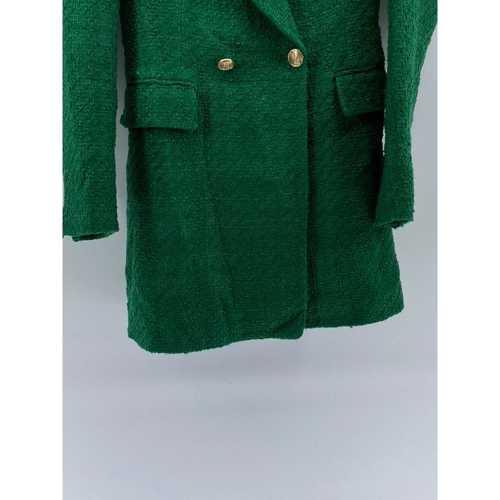 ZARA Women’s Dark Green Tweed Double-Breast Long Sleeve Peak Collar Blazer SZ XS