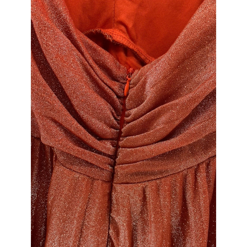 SETRE Women's Rust Orange Metallic Pleated V-Neck Long Sleeve Maxi Dress SZ S