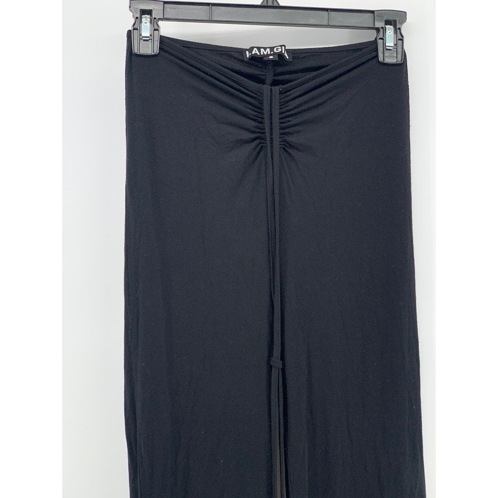 I.AM.GIA Women's Black Ruched Drawstring Relaxed-Fit Wide-Leg Pull-On Pant SZ S