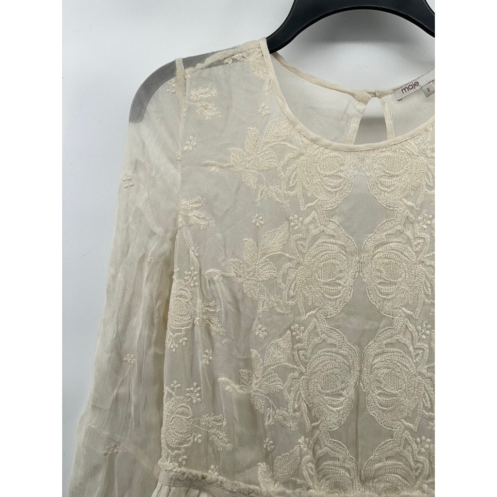 MAJE Women's Beige Floral Lace Crewneck Long Sleeve A-Line Mini Dress SZ 2