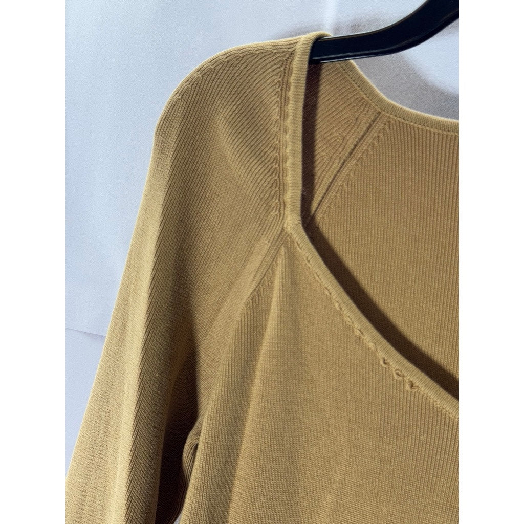 STUDIO BY LIZ CLAIBORNE Women's Tan V-Neck Knit Long Sleeve Pullover Top SZ M
