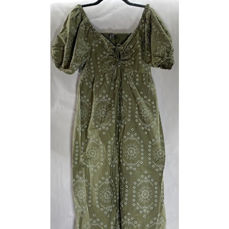 PRIMARK Women's Green Eyelet Keyhole Front Puff-Sleeve Maxi Dress SZ 12