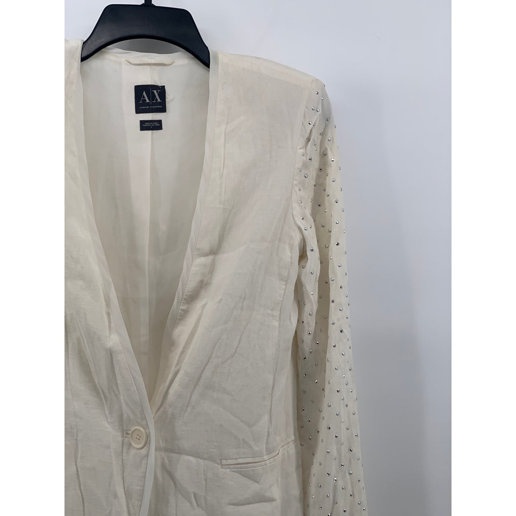 ARMANI EXCHANGE Women’s Off-White Rhinestone Long Sleeve One-Button Blazer SZ 4