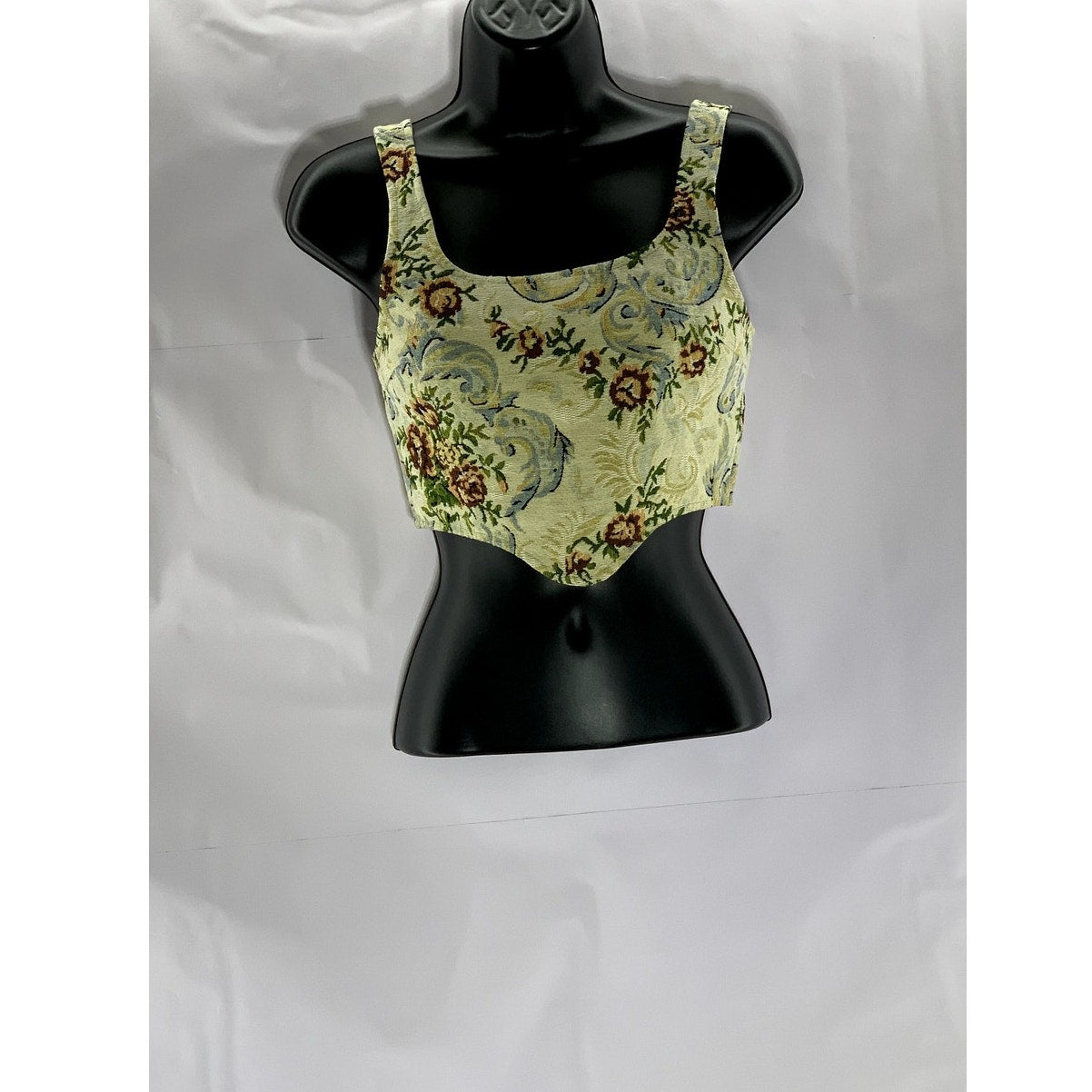 COMMENSE Women's Beige/Multi Floral "Vintage" Textured Corset Crop Top SZ XS