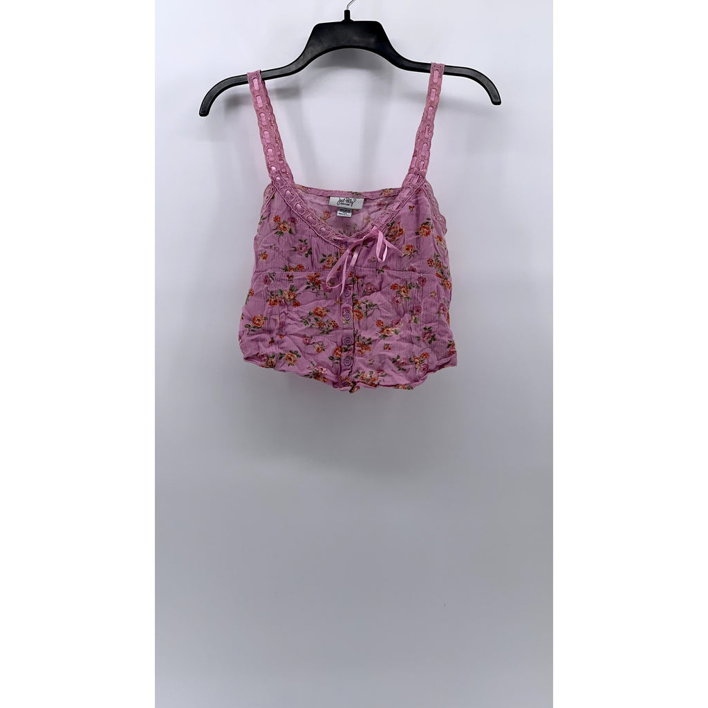 JUST POLLY Juniors' Pink Floral Printed Ribbon Trim Top SZ M
