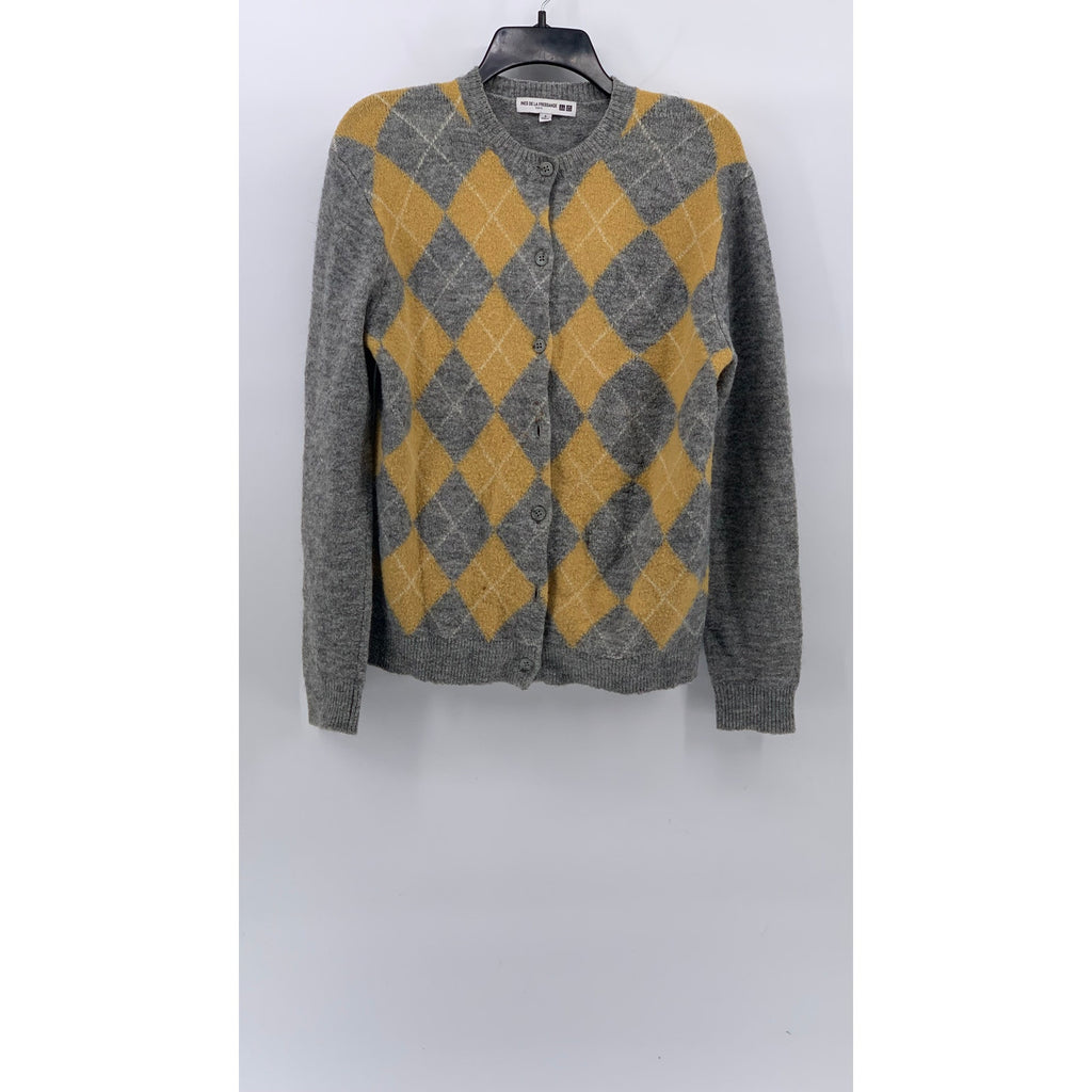 UNIQLO Ines De La Fressange Women's Gray-Yellow Argyle Button-Up Cardigan SZ S