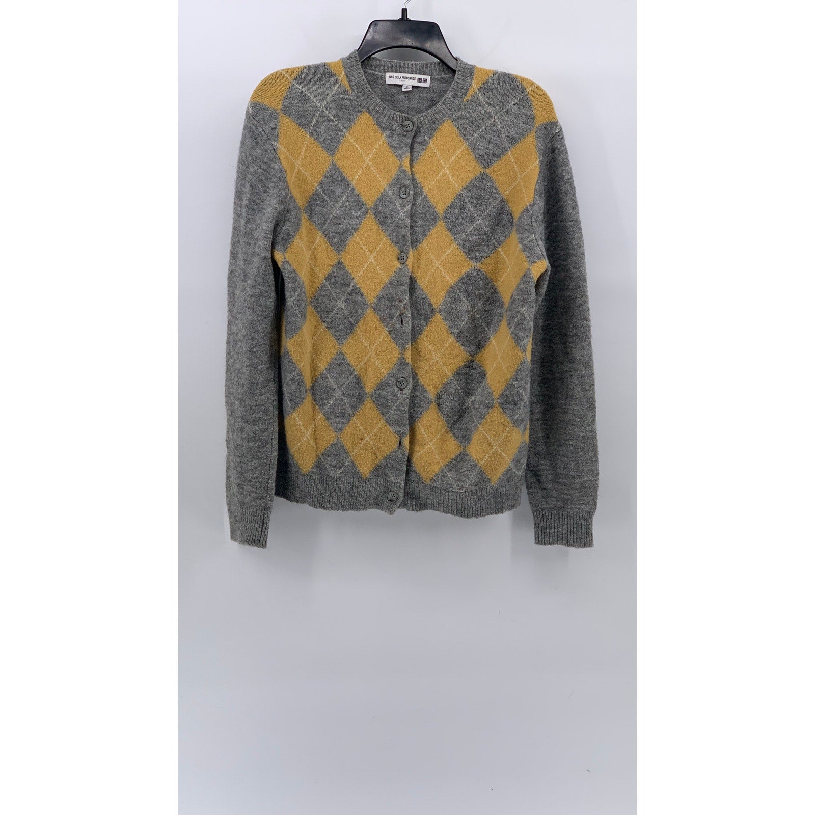 UNIQLO Ines De La Fressange Women's Gray-Yellow Argyle Button-Up Cardigan SZ S