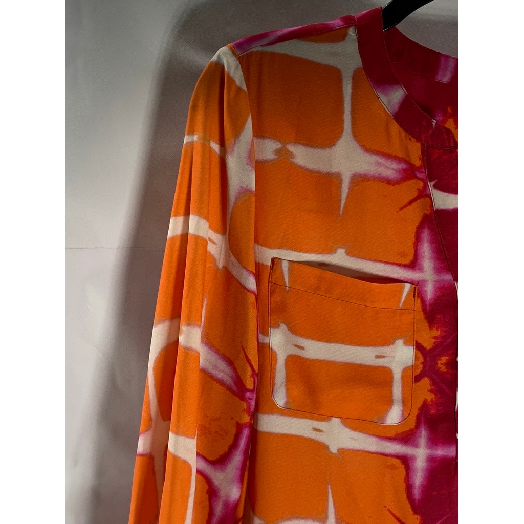 CHICO'S Women's Red/Orange Printed 3/4 Sleeve Henley Top SZ 1(US8/M)