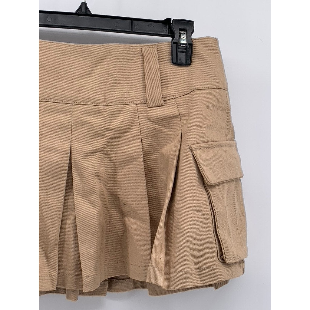 SHEIN Women's Tan Denim Pleated A-Line Tennis Cargo Mini Skirt SZ 4