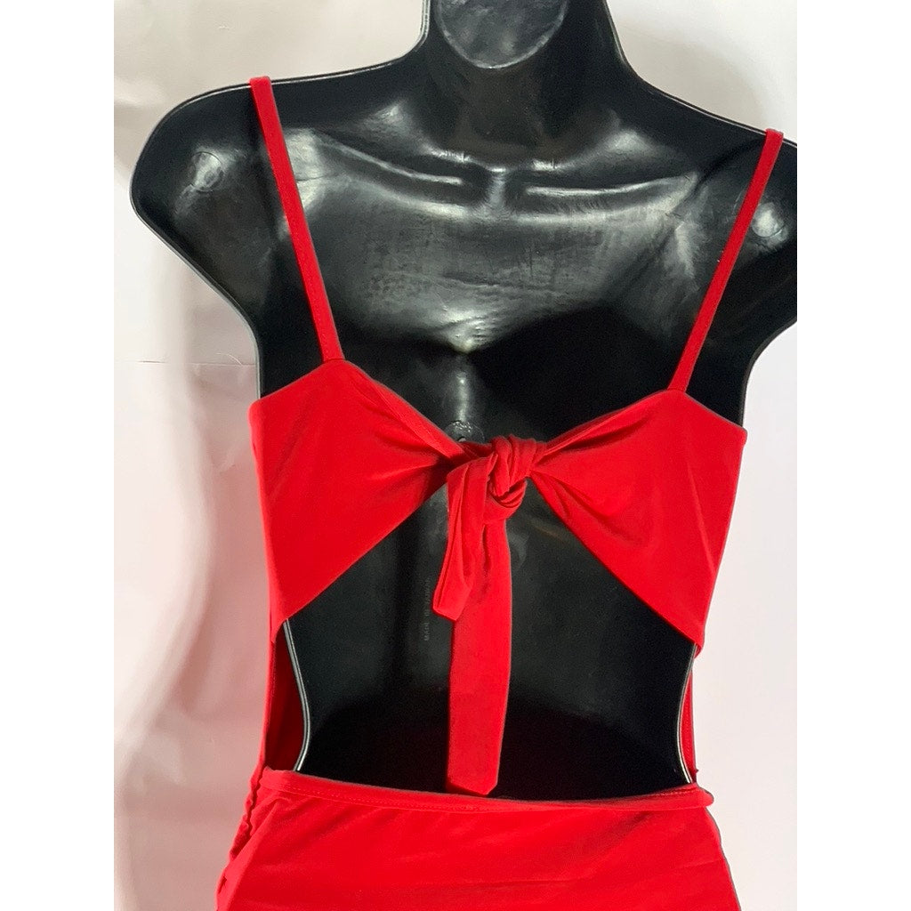 ORIGINAL Women's Red Straight-Neck Tie Open Back Ruched Bodycon Mini Dress SZ S