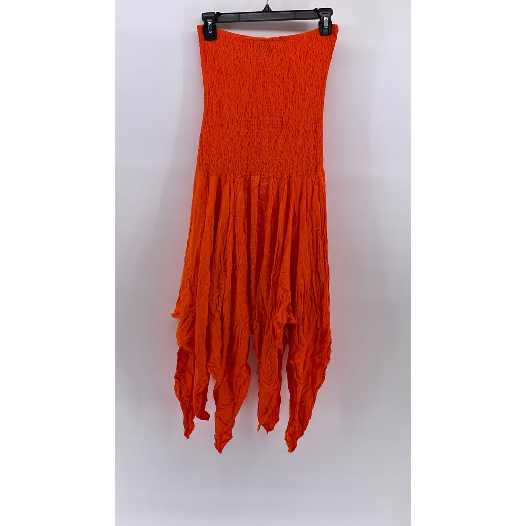 ECOTE Women's Orange Y2K Strapless Handkerchief Hem Smocked Midi Dress SZ M