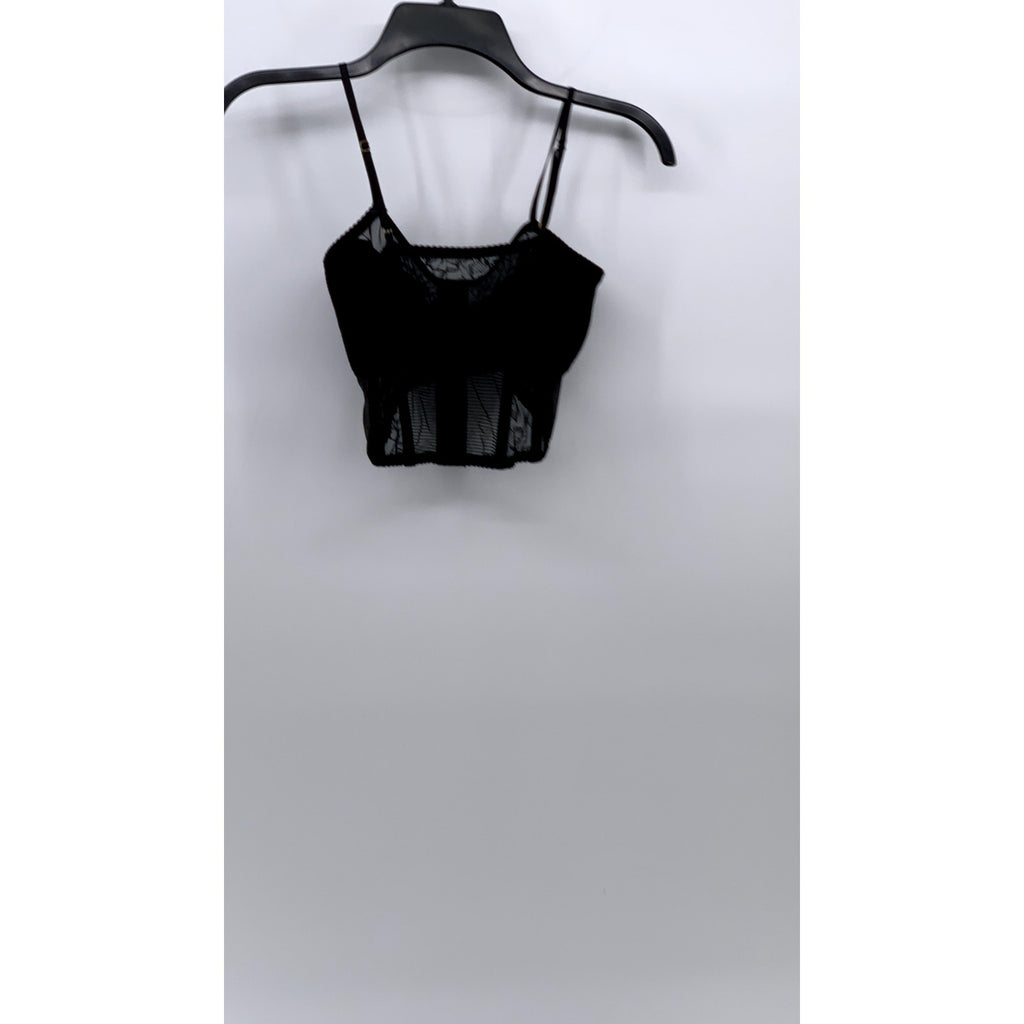 UNBRANDED Women's Black Floral Mesh V-Neck Hook Corset Cropped Top SZ S