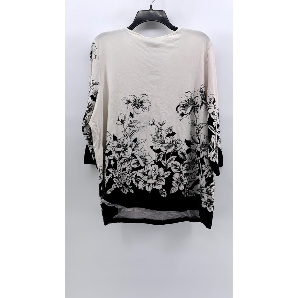 ALFRED DUNNER Women's Plus White-Black Floral 3/4 Sleeve Top SZ 2X
