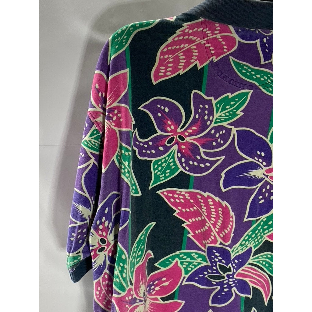 SALTY DOG Men's Vintage Purple/Pink/Green Floral Print Short Sleeve Polo SZ M