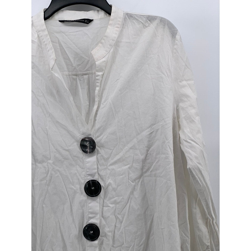 ZARA Women's White Long Sleeve Cotton Split Neck Button-Detail Tunic Top SZ L