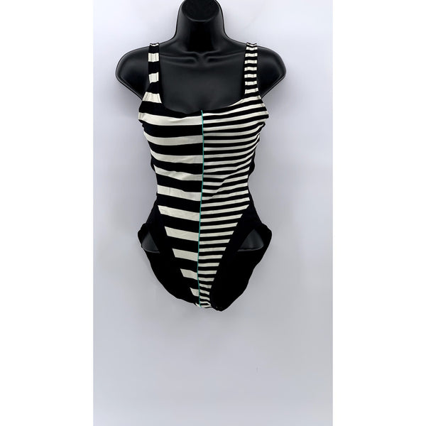 BEACH HOUSE Women's Black-White Vintage Striped Ruffle One-Piece Swimsuit SZ 6
