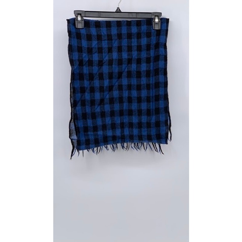 UNBRANDED Blue-Black Checkered Fringe Knit Scarf