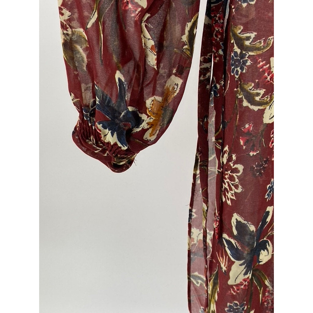 ZARA BASIC Women's Burgundy Floral Long Sleeve Button-Up Side-Slit Duster SZ XS