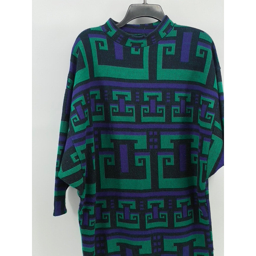 UNBRANDED Women’s Blue-Green Geo Print Long Sleeve Knit Midi Sweater Dress SZ L