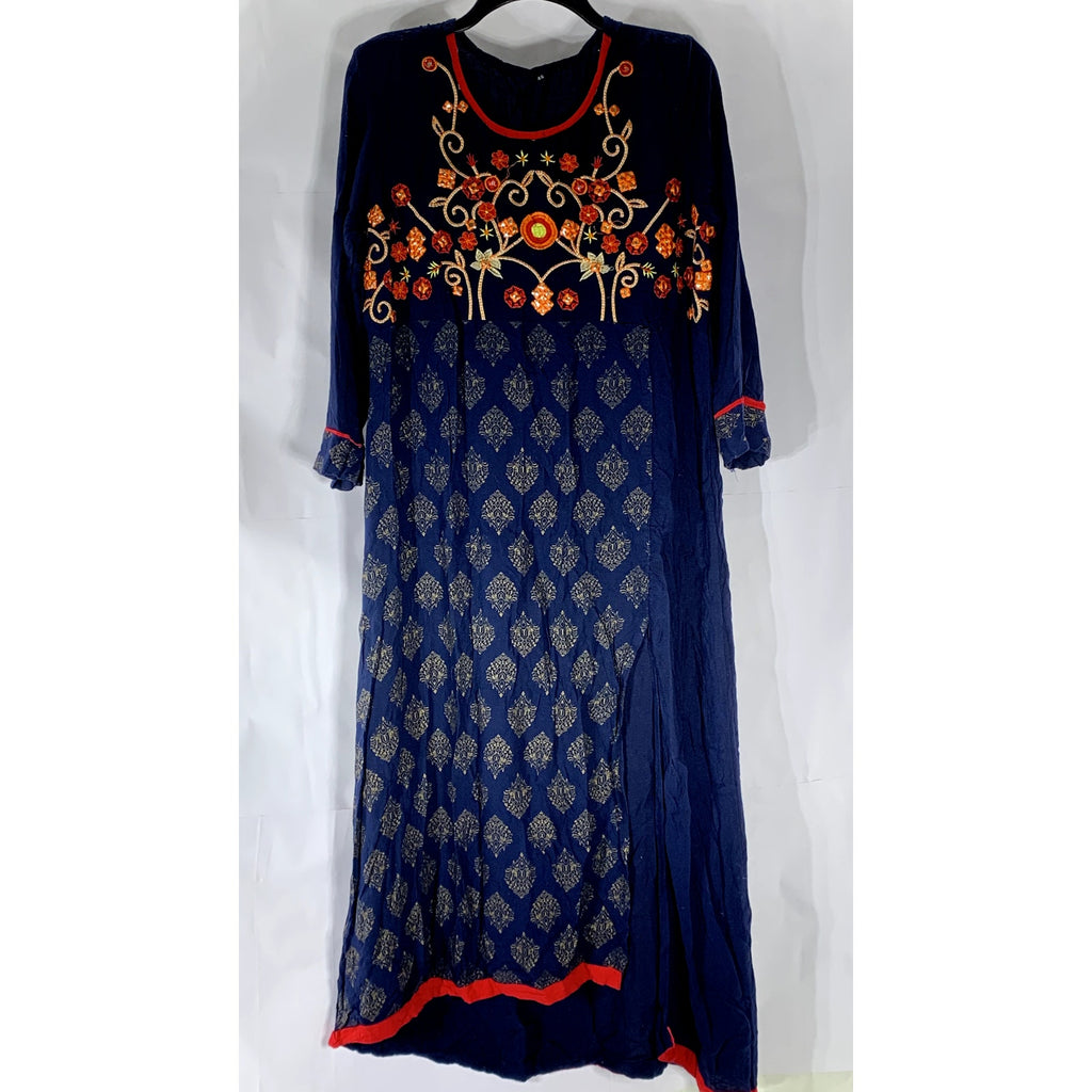 UNBRANDED Women’s Navy/Red Printed Crewneck Long Side-Slit Kurti Dress SZ 46(XL)