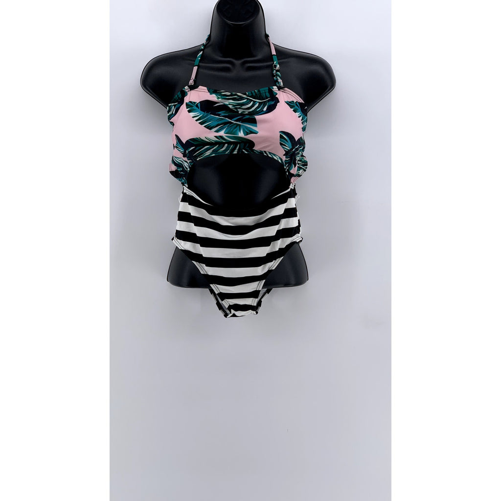 UNBRANDED Women's Multi Striped Tropical Cutout One-Piece Swimsuit SZ S